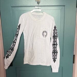 Chrome Hearts White Long Sleeve Tee with Black Sleeve Design